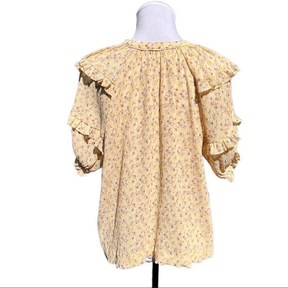 Yellow floral blouse top tie neck crinkle short ruffle sleeve S Robertson Rodeo - Picture 3 of 8